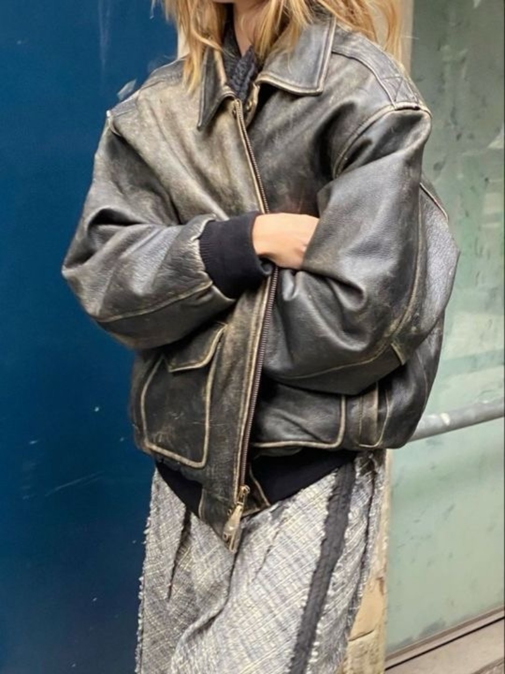 Port Authority Distressed Black Leather Bomber Jacket